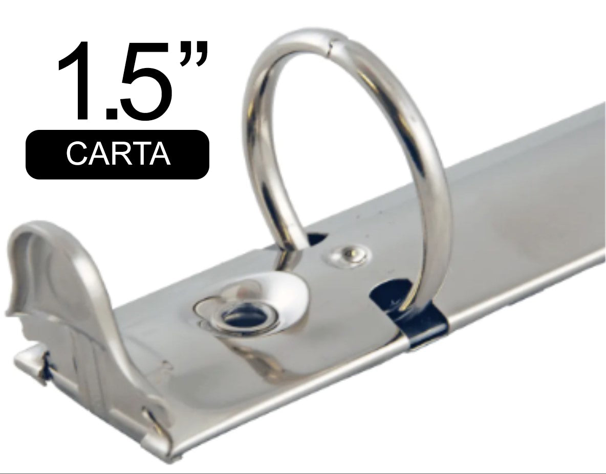 Herraje tamaño carta de 280 mm con tres argollas circulares de 1.5 pulgadas de diámetro, con palancas, base de 26 mm, acabado níquel, y capacidad para 325 hojas. Herraje tamaño carta de 280 mm con tres argollas circulares de 1.5 pulgadas de diámetro, con palancas, base de 26 mm, acabado níquel, y capacidad para 325 hojas.